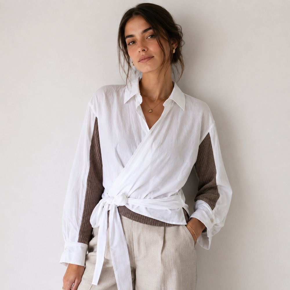 NAADAM Mixed Media Wrap Top Women S Almondine White Cashmere New Sample